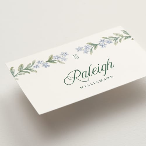 This is a wisteria wedding place cards with standard by Jenna Holcomb called vintage sketched printing on signature in placecard