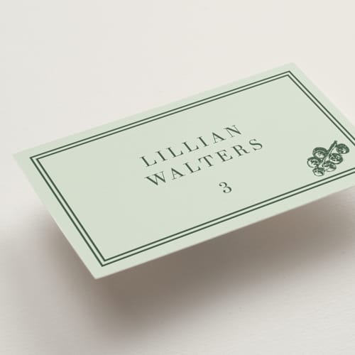 This is a mint wedding place cards with standard by Megan Davis called perry printing on signature in placecard