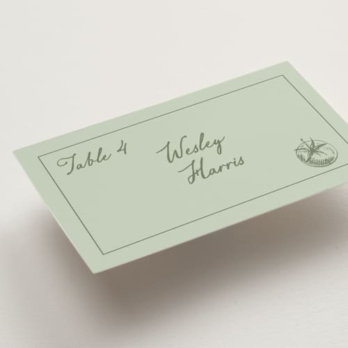 This is a mint wedding place cards with standard by Sherley Ferreira called olive printing on signature in placecard