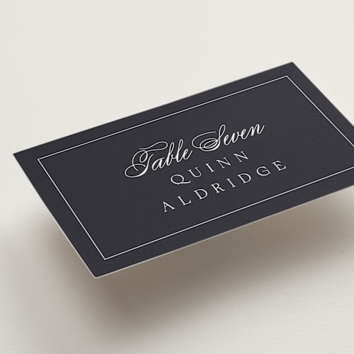 This is a ebony wedding place cards with standard by Emily Sabol Goss called flowing printing on signature in placecard