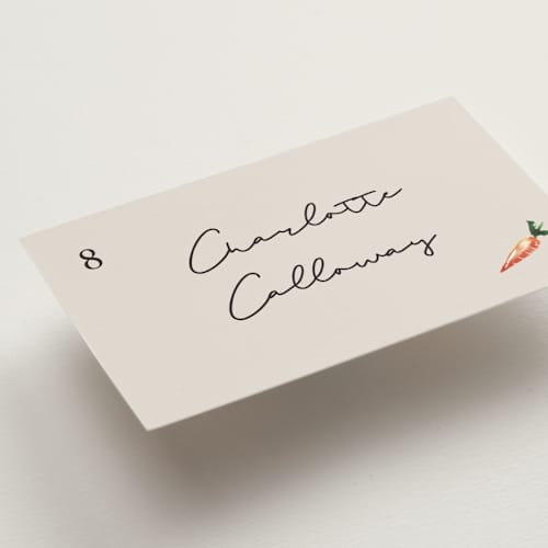 This is a champagne wedding place cards with standard by Lucrecia Caporale called handmade printing on signature in placecard
