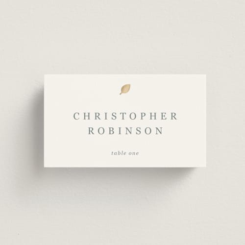 This is a ivory wedding place cards with foil pressed by Sierra Lee called noted printing on signature in placecard