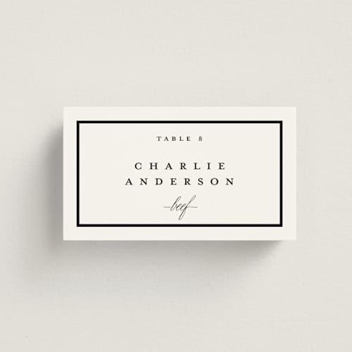 This is a noir wedding place cards with standard by mo kelley called the day printing on signature in placecard