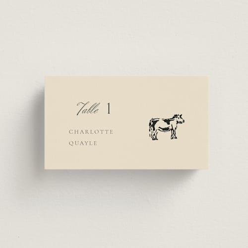 This is a chardonnay wedding place cards with standard by Draft and Wed called whimsical watercolour printing on signature in placecard