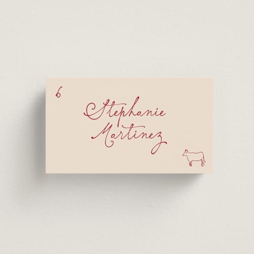 This is a cherry wedding place cards with standard by Creo Study called handwritten chic printing on signature in placecard