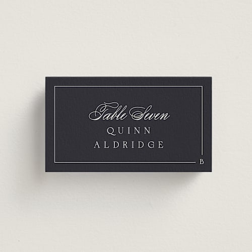 This is a ebony wedding place cards with standard by Emily Sabol Goss called flowing printing on signature in placecard