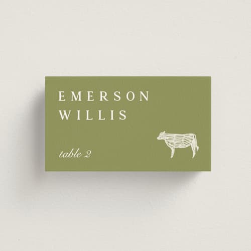 This is a sage wedding place cards with standard by Sierra Lee called farm to table printing on signature in placecard