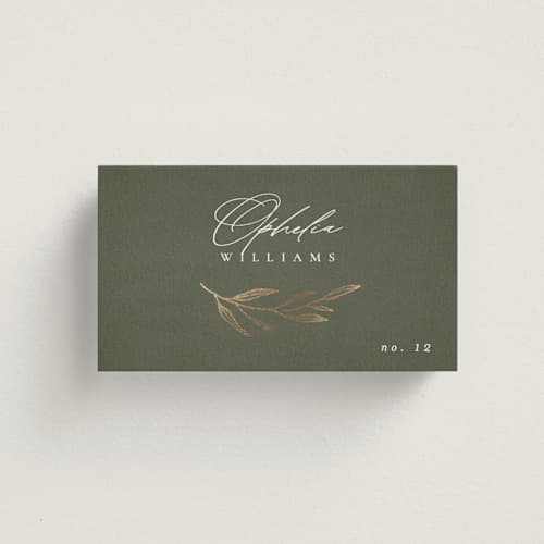 This is a moss wedding place cards with foil pressed by Kelly Schmidt called leaves printing on signature in placecard