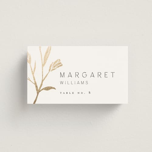 This is a cotton wedding place cards with foil pressed by Amy Kross called perennial printing on signature in placecard