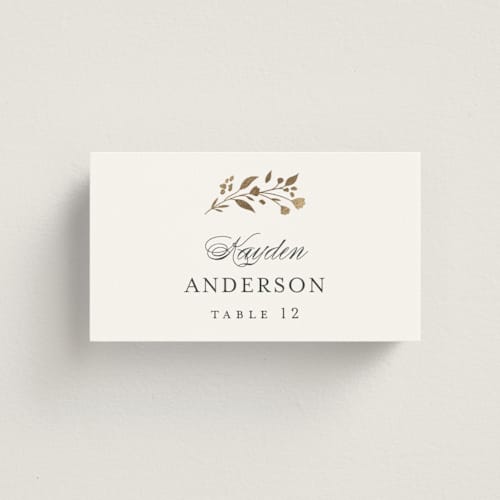 This is a cloudy wedding place cards with foil pressed by Jennifer Postorino called embrace printing on signature in placecard