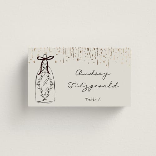 This is a noir wedding place cards with foil pressed by Jackie Crawford called hand illustrated whimsical chandelier printing on signature in placecard