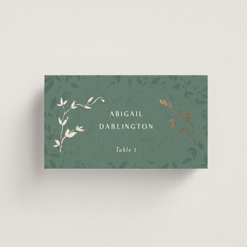 This is a eucalyptus wedding place cards with foil pressed by Simona Camp called southern romance printing on signature in placecard