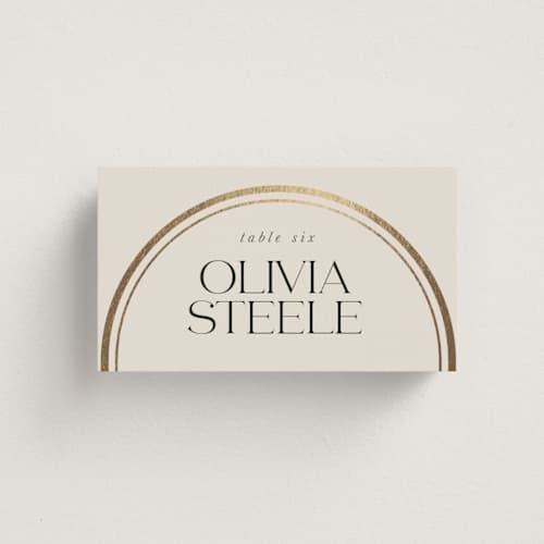 This is a sandstone wedding place cards with foil pressed by Lori Wemple called oval printing on signature in placecard