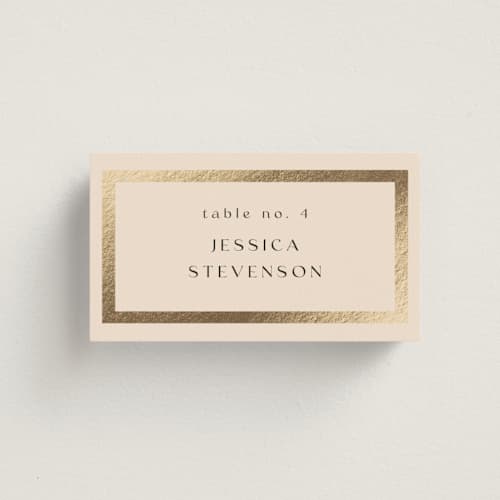 This is a latte wedding place cards with foil pressed by Stacy Maalouf called framed photo printing on signature in placecard