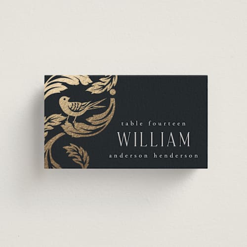 This is a onyx wedding place cards with foil pressed by Ana de Sousa called mirror printing on signature in placecard