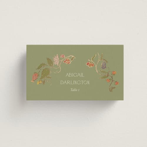 This is a mint wedding place cards with foil pressed by Simona Camp called radiant botany printing on signature in placecard