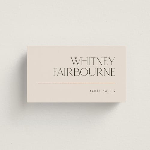 This is a linen wedding place cards with foil pressed by Kelly Schmidt called modern corner printing on signature in placecard