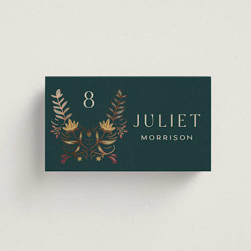 This is a deep sea wedding place cards with foil pressed by Erin German called autumnal arch printing on signature in placecard