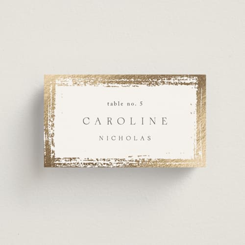 This is a silk wedding place cards with foil pressed by Kelly Schmidt called brushed edge printing on signature in placecard