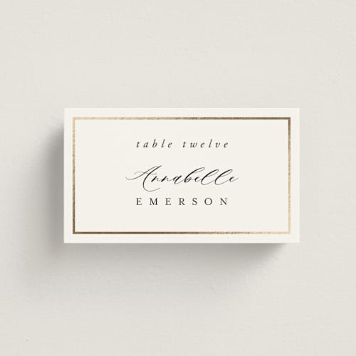 This is a pearl wedding place cards with foil pressed by Nicole Walsh called gilded frame printing on signature in placecard