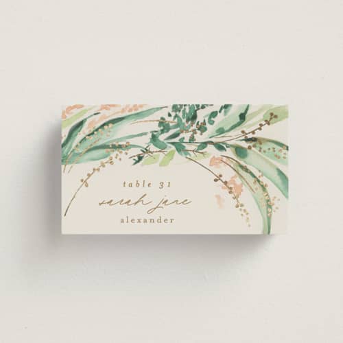 This is a greenery wedding place cards with foil pressed by Phrosné Barwood called fresh tropical printing on signature in placecard
