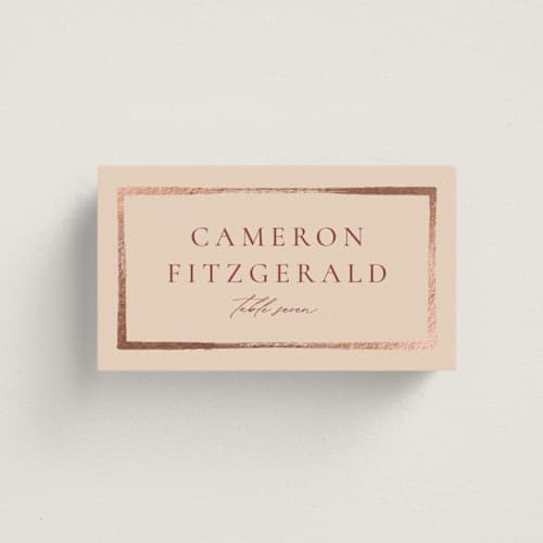 This is a peony wedding place cards with foil pressed by Wildfield Paper Co called romantic frame printing on signature in placecard