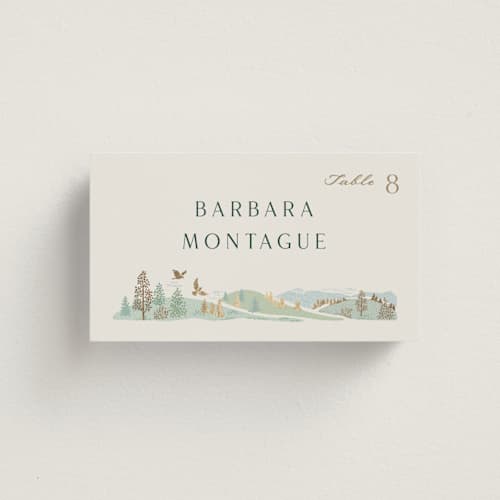 This is a evergreen wedding place cards with foil pressed by Paper Sun Studio called mountaintop printing on signature in placecard