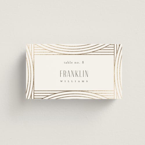 This is a alabaster wedding place cards with foil pressed by Pixel and Hank called moderne printing on signature in placecard