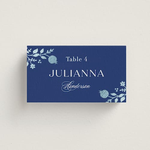 This is a royal wedding place cards with foil pressed by Nam Bourassa called pomegranate floral frame printing on signature in placecard