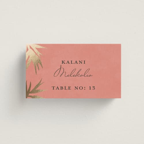 This is a coral wedding place cards with foil pressed by Julie Hebert called birds of paradise printing on signature in placecard