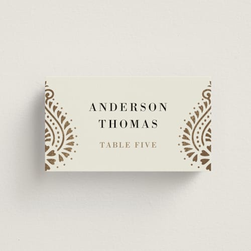This is a champagne wedding place cards with foil pressed by Oma N. Ramkhelawan called henna stamp printing on signature in placecard