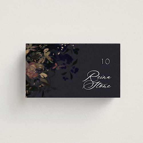 This is a midnight wedding place cards with foil pressed by Grace Kreinbrink called vintage rose garden printing on signature in placecard