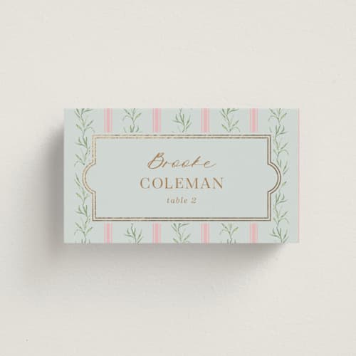 This is a hummingbird wedding place cards with foil pressed by Claudia Orengo called castle printing on signature in placecard