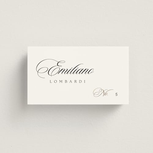 This is a silk wedding place cards with foil pressed by Kelly Schmidt called left align printing on signature in placecard