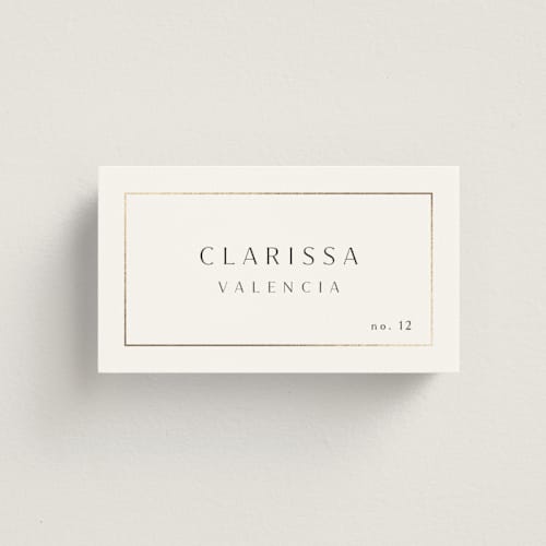 This is a silk wedding place cards with foil pressed by Kelly Schmidt called arcadia printing on signature in placecard