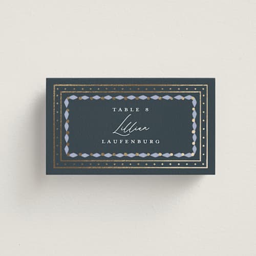 This is a periwinkle wedding place cards with foil pressed by Erin German called sadie printing on signature in placecard