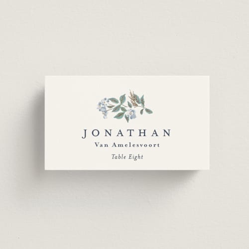 This is a sapphire wedding place cards with foil pressed by Olivia Raufman called climbing florals printing on signature in placecard