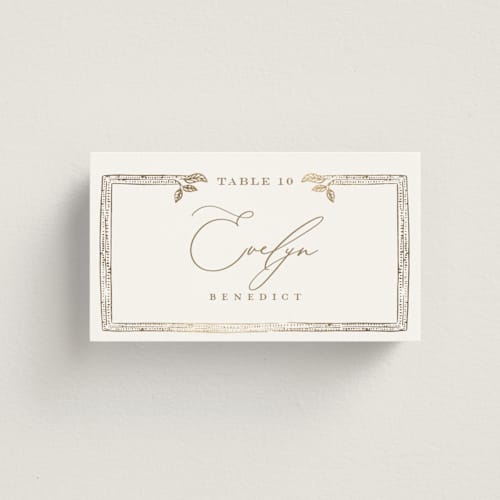 This is a porcelain wedding place cards with foil pressed by Leah Bisch called reflection printing on signature in placecard