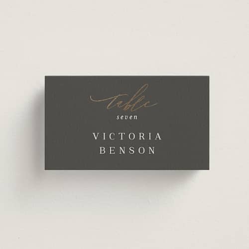This is a stormy wedding place cards with foil pressed by Jessica Williams called over monogram printing on signature in placecard