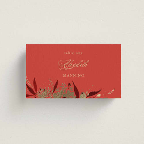 This is a cherry wedding place cards with foil pressed by Shannon Chen of Four Wet Feet Studio called happiness printing on signature in placecard