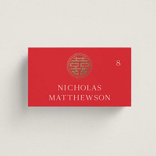 This is a ruby wedding place cards with foil pressed by Melanie Kosuge called happiness x 2 printing on signature in placecard