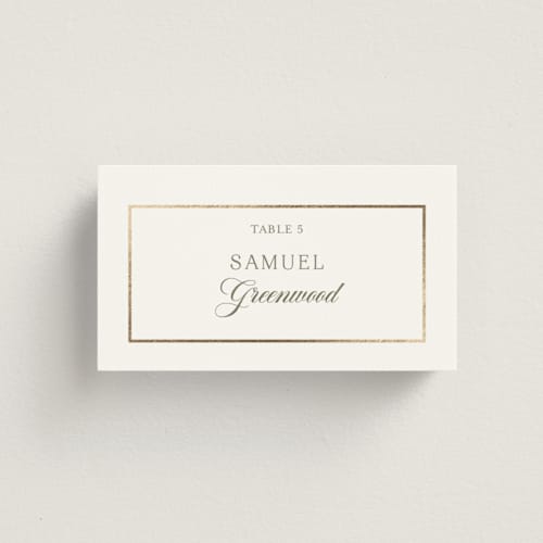 This is a sage wedding place cards with foil pressed by Lucrecia Caporale called country elegance printing on signature in placecard