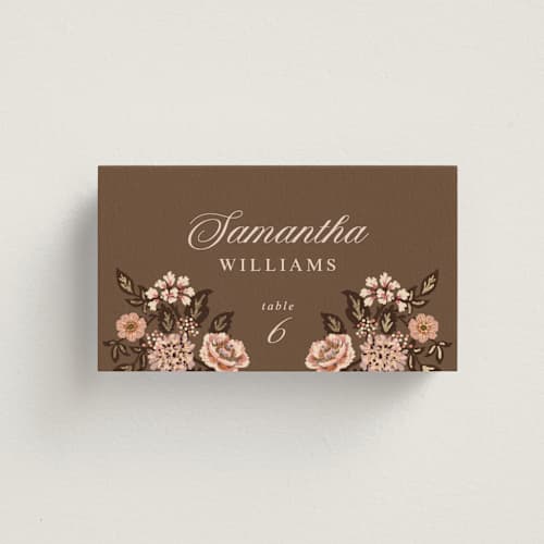 This is a chocolate wedding place cards with foil pressed by Paola Benenati called blooming path printing on signature in placecard