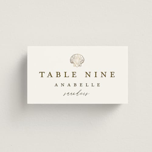 This is a pearl wedding place cards with foil pressed by Maria Alou called by the seashore printing on signature in placecard