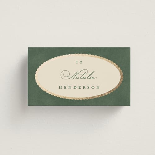 This is a rosemary wedding place cards with foil pressed by Emily Betts called vintage oval printing on signature in placecard