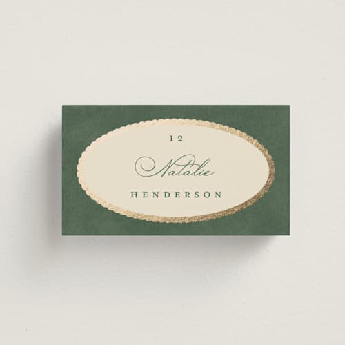 This is a rosemary wedding place cards with foil pressed by Emily Betts called vintage oval printing on signature in placecard