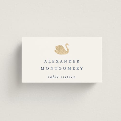 This is a lakes wedding place cards with foil pressed by Sarah Knight called swan song printing on signature in placecard