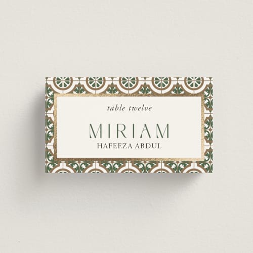 This is a evergreen wedding place cards with foil pressed by Oma N. Ramkhelawan called kareem printing on signature in placecard