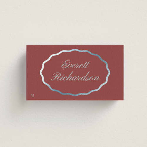 This is a burgundy wedding place cards with foil pressed by Baumbirdy called scallop frame printing on signature in placecard