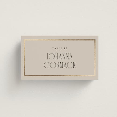 This is a champagne wedding place cards with foil pressed by Kristin Oliversen called luxe lines printing on signature in placecard